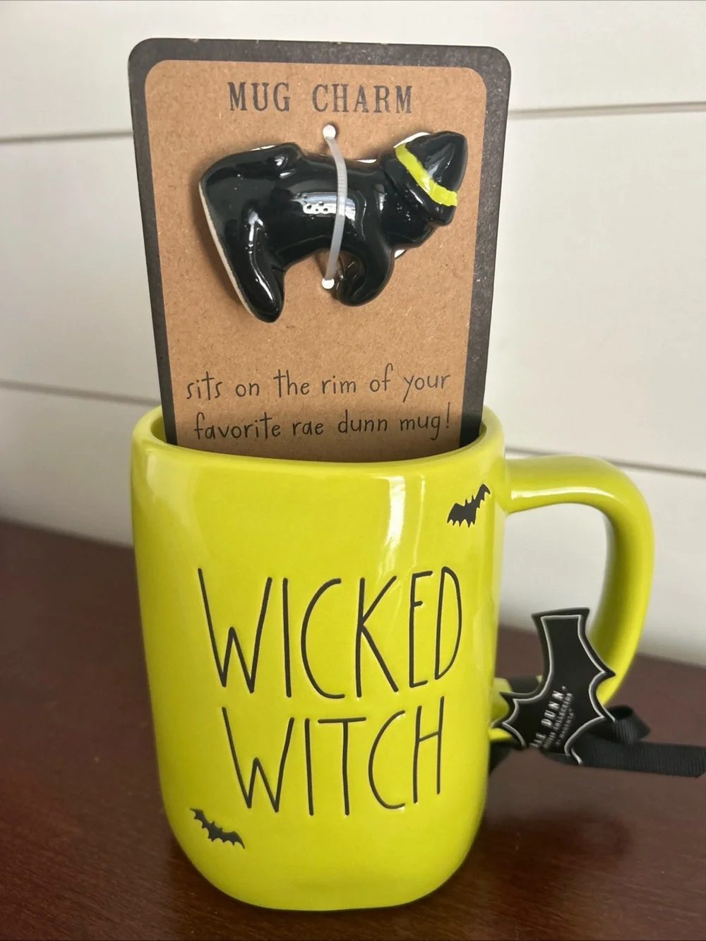 Rae Dunn Wicked Witch Lime Green Ceramic Mug with Black Cat Mug Charm NWT
